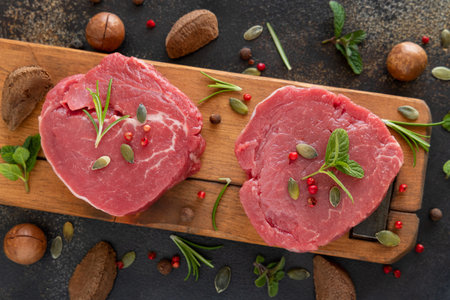 Raw beef fillet steaks on wooden board on dark table top view. Portioned filet mignons with spices...