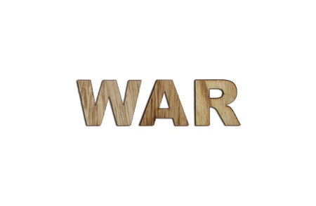 WAR, word written in wooden alphabet letters isolated. The concept of a terrible war destroying country. Top view. Copy spaceの写真素材