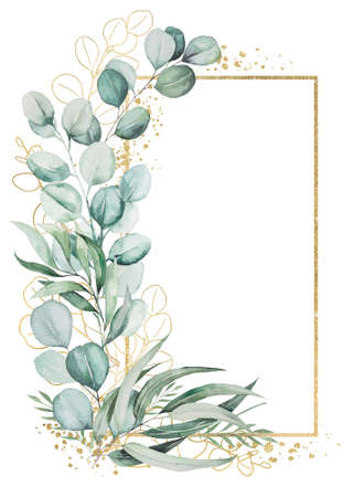 Sparkling golden frame made of watercolor green eucalyptus leaves, illustration isolated with copy space. Greenery element for wedding stationery, greetings cards, craftingの写真素材