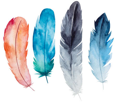 Watercolor blue, pink and grey feather, Bohemian illustration isolated. Monochrome elements set for boho wedding stationery, greeting cards and other printing and craft projectsの写真素材