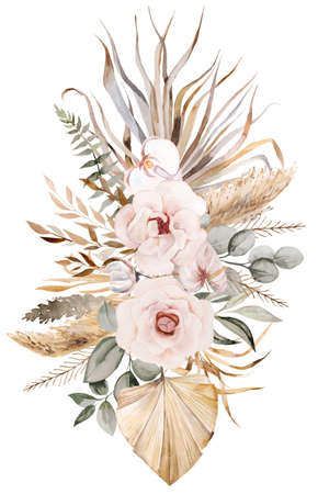 Watercolor Bohemian bouquet with tropical flowers, dried palm leaves and pampas grass illustration, copy space. Arrangement for wedding designの写真素材