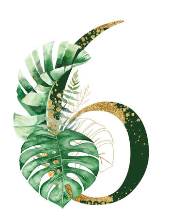 Golden and green number 96 decorated with green and golden tropical leaves Watercolor illustration isolated. Sparkling Exotic number six with palm, monstera and banana leaves. Wedding stationery elementの写真素材