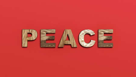 Peace, word written in colorful wooden alphabet letters on red background. The concept of a terrible war destroying country. Top view. Copy spaceの写真素材