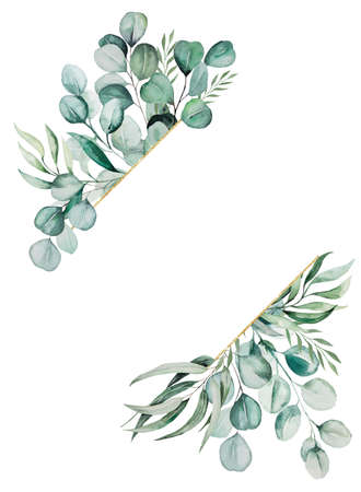 Sparkling golden frame made of watercolor green eucalyptus leaves, illustration isolated with copy space. Greenery element for wedding stationery, greetings cards, craftingの写真素材