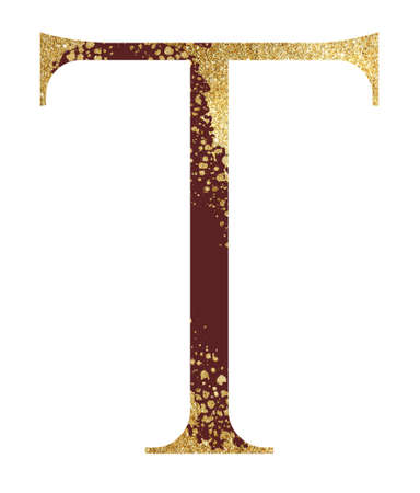 Dark red and Golden glitter capital letter T with dispersion effect isolated illustration. Festive alphabet element for wedding cards, holiday stationery, festive cards and invitationsの写真素材