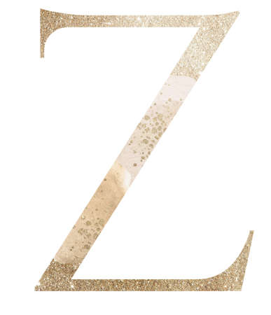 Pastel light Golden capital letter Z with beige watercolor spots, isolated illustration., glitter holiday element. Sparkling alphabet symbol for wedding and festive stationery designの写真素材