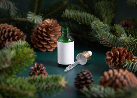 Green Pipette Dropper Bottles with blank label near fir branches and pine cones close up. Brand packaging mockup. Skincare beauty product, cream or serum. Natural cosmetics conceptの写真素材