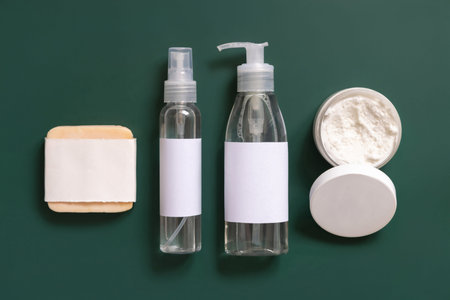 Homemade Cosmetics in plastic tubes and bottles on dark green top view. Brand packaging mockup....