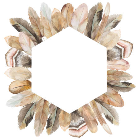 Watercolor Bohemian geometric frame made with beige and brown feathers illustration, copy space. Element for wedding stationery, greetings cards. Hand painted frameの写真素材