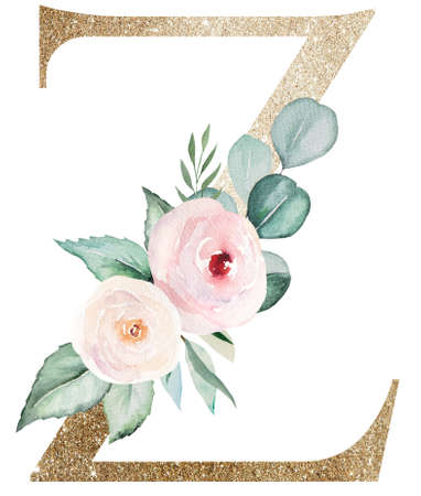 Light golden letter Z with watercolor pastel roses isolated on white. Sparkling boho Element with green leaves and light pink flowers. Alphabet floral for wedding and holiday designの写真素材