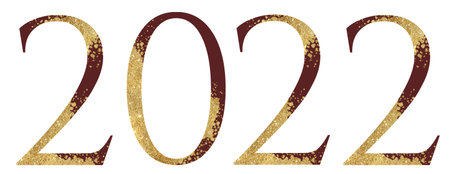 Dark red and Golden glitter number 2022 with dispersion effect, festive design element isolated...