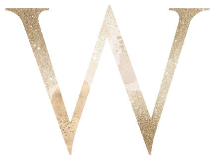 Pastel light Golden capital letter W with beige watercolor spots, isolated illustration., glitter holiday element. Sparkling alphabet symbol for wedding and festive stationery designの写真素材