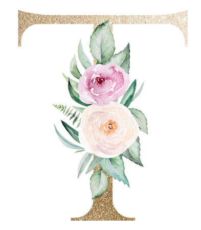 Light golden letter T with watercolor pastel roses isolated on white. Sparkling boho Element with green leaves and light pink flowers. Alphabet floral for wedding and holiday designの写真素材