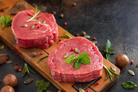 Raw beef fillet steaks on wooden board on dark table close up with copy space. Portioned filet mignons with spices and herbs. Concept of summer food, meat eaters.の素材 [FY310185938672]