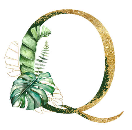 Golden and green letter Q decorated with green and golden Watercolor tropical leaves isolated on white. Sparkling Exotic alphabet element with palm, monstera and banana leaves. Wedding stationeryの写真素材