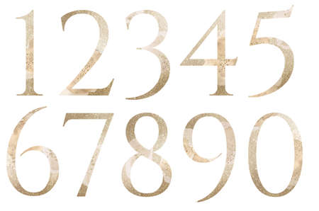 Pastel light Golden numbers with beige watercolor spots, isolated illustration., glitter holiday element. Sparkling alphabet symbol for wedding and festive stationery designの写真素材