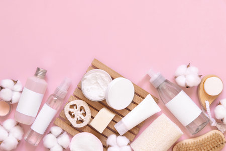 Homemade organic cosmetics in tubes and bottles, eco friendly accessories  and cotton flowers on...