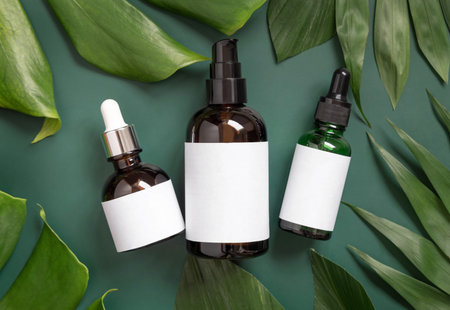 Dropper and one pump Glass Bottles between monstera leaves on green table top view. Brand packaging...
