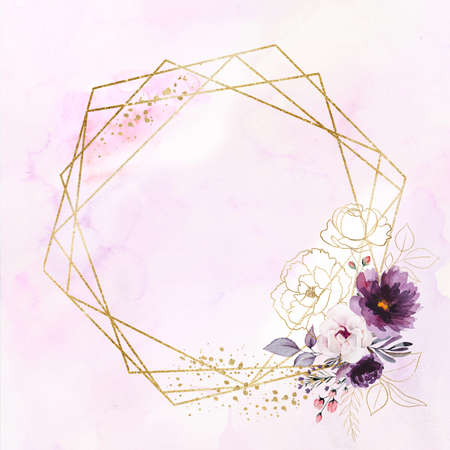 Geometric golden frame with Watercolor Purple and golden peonies flowers and leaves illustration with pink watercolor background. Hand painted Element for wedding stationary, greetings cards.の写真素材