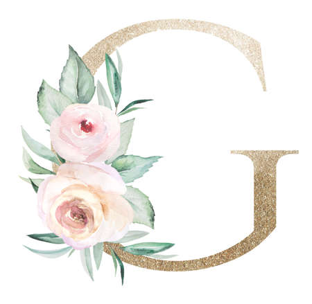 Light golden letter G with watercolor pastel roses isolated on white. Sparkling boho Element with green leaves and light pink flowers. Alphabet floral for wedding and holiday designの写真素材