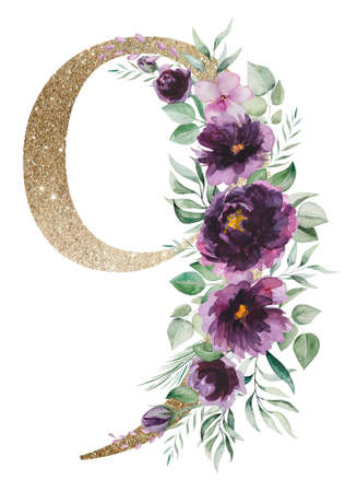 Light golden number 9 with watercolor purple roses and green leaves bouquets isolated. Elements with violet peonies. Elegant Floral Alphabet for wedding and holiday design and stationeryの写真素材