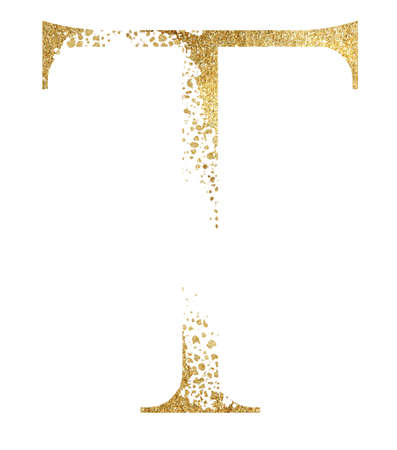 Golden glitter capital letter T with dispersion effect isolated illustration., festive design element. Sparkling alphabet symbol for wedding cards, holiday stationery, craftingの写真素材