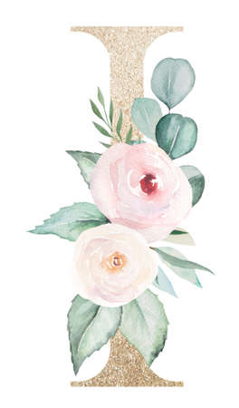 Light golden letter I with watercolor pastel roses isolated on white. Sparkling boho Element with green leaves and light pink flowers. Alphabet floral for wedding and holiday designの写真素材