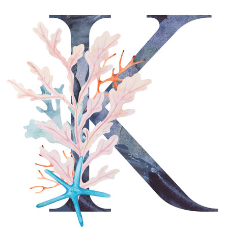 Blue capital letter K decorated with watercolor seaweeds, corals and seashells isolated illustration. Hand drawn Underwater Element for summer beach wedding stationery. Alphabet marine designの写真素材