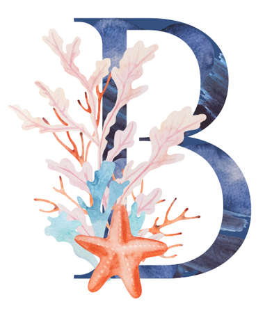 Blue capital letter B decorated with watercolor seaweeds, corals and seashells isolated illustration. Hand drawn Underwater Element for summer beach wedding stationery. Alphabet marine designの写真素材