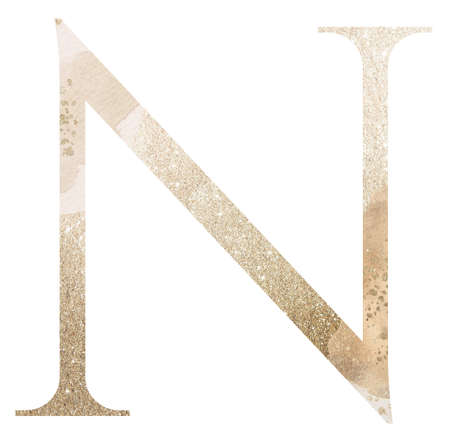Pastel light Golden capital letter N with beige watercolor spots, isolated illustration., glitter holiday element. Sparkling alphabet symbol for wedding and festive stationery designの写真素材