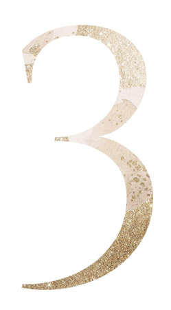 Pastel light Golden number 3 with beige watercolor spots, isolated illustration., glitter holiday element. Sparkling alphabet symbol for wedding and festive stationery designの写真素材