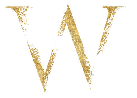 Golden glitter capital letter W with dispersion effect isolated illustration., festive design element. Sparkling alphabet symbol for wedding cards, holiday stationery, craftingの写真素材