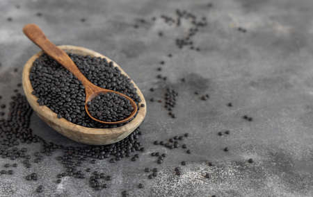 Bowl of dry black lentils beans with a spoon on grey table close up, copy space.  Healthy eating, protein source for vegan and vegetarian diet. Traditional Asian and North African cuisines ingredientの写真素材