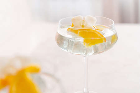 Transparent cocktail with ice cubes in a champagne coupe glass decorated with slices of orange white orchid flower close up. Tropical drink at the bar. Summer vacation moodの写真素材