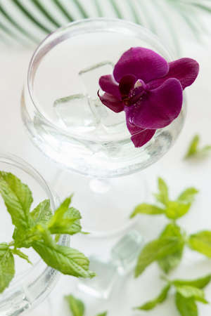 Transparent cocktail with ice in a champagne coupe glass decorated with purple orchid flowers and mint leaves close up. Tropical drink at the bar. Summer vacation moodの写真素材