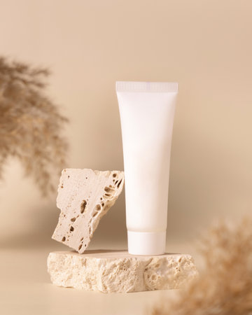 White plastic cream tube on travertine stone near dry pampas grass on light yellow, close up, mockup. Skincare beauty product. Natural cosmetics. Boho compositionの写真素材