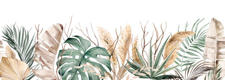 Watercolor Bohemian seamless border with beige and green tropical leaves and pampas grass illustration isolated. Beige Element for wedding design and craftingの写真素材