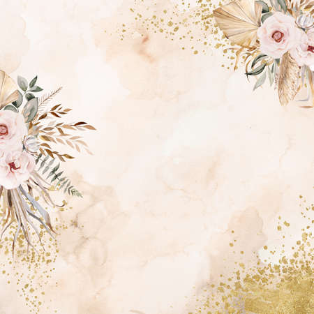 Watercolor Bohemian poster with feathers, tropical flowers, dried palm leaves and pampas grass illustration with watercolor background, copy space. Element for wedding designの写真素材