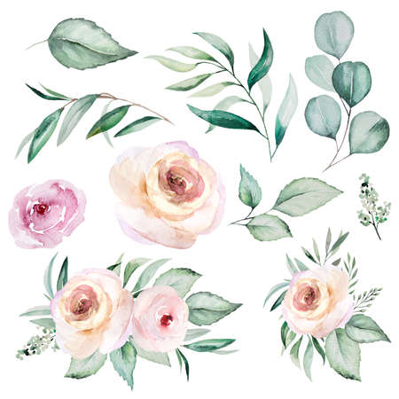 Watercolor light pink flowers and green leaves bouquet and single elements, illustration isolated on white for wedding stationary, greetings cards, crafting. Pastel Floral Hand painted arrangementの写真素材