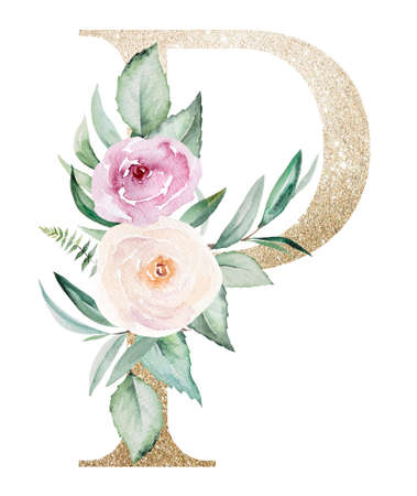 Light golden letter P with watercolor pastel roses isolated on white. Sparkling boho Element with green leaves and light pink flowers. Alphabet floral for wedding and holiday designの写真素材