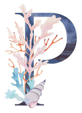 Blue capital letter P decorated with watercolor seaweeds, corals and seashells isolated illustration. Hand drawn Underwater Element for summer beach wedding stationery. Alphabet marine designの写真素材
