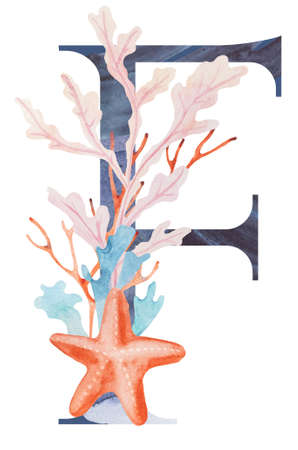 Blue capital letter F decorated with watercolor seaweeds, corals and seashells isolated illustration. Hand drawn Underwater Element for summer beach wedding stationery. Alphabet marine designの写真素材