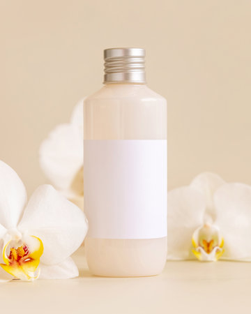 Cosmetic bottle with blank label near white orchid flowers on light yellow, close up, mockup. Skincare beauty product, cramor lotion. Exotic natural cosmetics. Minimal compositionの写真素材