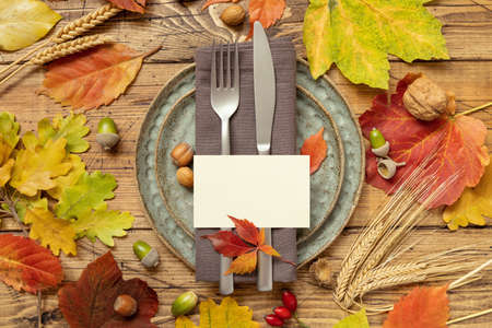 Autumn rustic table place with blank card between colorful leaves and berries, top view, mockup. Flat lay with horizontal card on wooden table,  copy space. Thanksgiving or harvest conceptの写真素材
