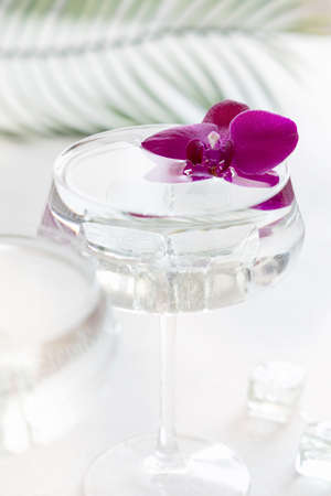 Transparent cocktail with ice in a champagne coupe glass decorated with purple orchid flowers close up. Tropical drink at the bar. Summer vacation moodの写真素材