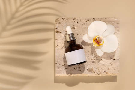Brown Glass Dropper bottle on stone near white orchid flowers on light yellow close up, label mockup, Palm leaf hard shadows. Skincare handmade beauty product, serum or lotion. Exotic natural cosmeticsの写真素材