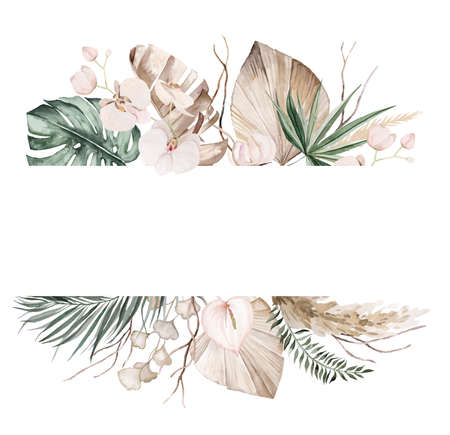 Bohemian Watercolor frame with beige and teal green tropical leaves, pampas grass and orchid flowers illustration isolated. Boho or ethnic arrangement for wedding stationeryの写真素材