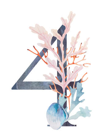 Blue number 4 decorated with watercolor seaweeds, corals and seashells isolated illustration. Hand drawn Underwater Element for summer beach wedding stationery. Alphabet marine designの写真素材