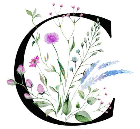 Black capital letter C with watercolor wildflowers and leaves bouquet isolated. Summer floral meadow Alphabet element for wedding and greeting designの写真素材