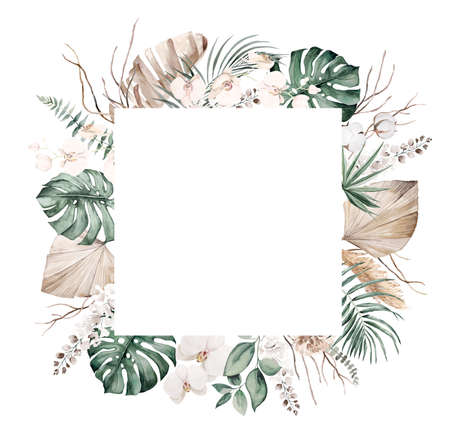 Bohemian Watercolor frame with beige and teal green tropical leaves, pampas grass and orchid flowers illustration isolated. Boho or ethnic arrangement for wedding stationeryの写真素材